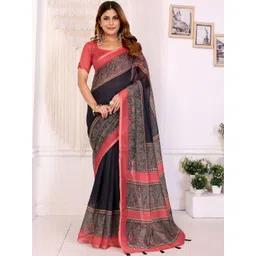 HERE&NOW Black Printed Cotton Blend Chanderi Sarees image 3