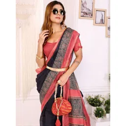 HERE&NOW Black Printed Cotton Blend Chanderi Sarees image 5