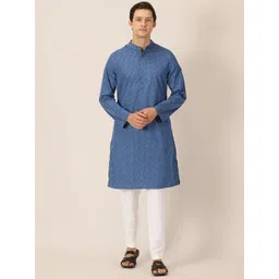 HERE&NOW Blue & White Floral Printed Band Collar Pure Cotton Straight Kurta-picture-11