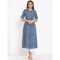 HERE&NOW Blue & White Shirt Collar Chevron Printed A-Line Kurta-picture-17