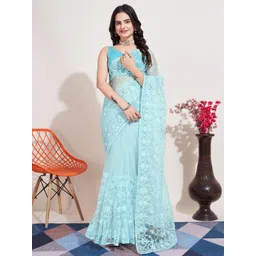 HERE&NOW Blue Floral Embroidered Net Saree-picture-35