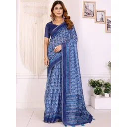 HERE&NOW Blue Printed Cotton Blend Chanderi Sarees-picture-37