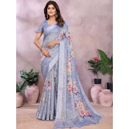 HERE&NOW Blue Printed Linen Blend Jamdani Sarees-picture-10