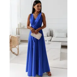 HERE&NOW Blue V-Neck Solid Sleeveless Maxi A-Line Polyester Dress-picture-35