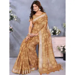 HERE&NOW Brown Printed Linen Blend Jamdani Sarees-picture-28