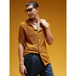 HERE&NOW Cable-Knits Cuban Collar Pure Cotton Opaque Casual Shirt-picture-17