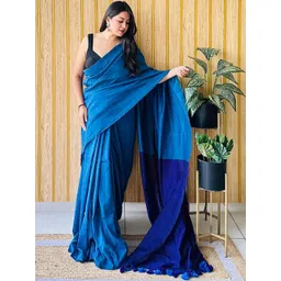 HERE&NOW Colourblocked Pure Cotton Zari Saree With Blouse Piece-picture-32