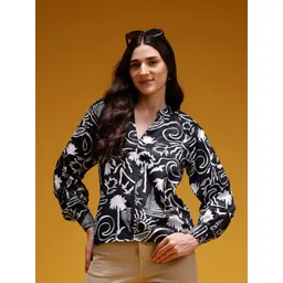 HERE&NOW Conversational Print Satin-Finish Mandarin Collar Cuffed Sleeves Top-picture-26