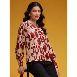 HERE&NOW Conversational PrintMandarin Collar Cuffed Sleeves Top-picture-37