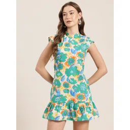 HERE&NOW Cotton Printed Drop-Waist Mini Dress-picture-36