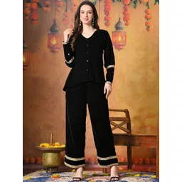 HERE&NOW Embellished Velvet V-Neck Shirt & Trousers Co-Ords-picture-33