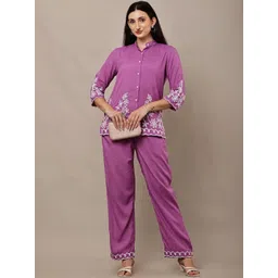 HERE&NOW Embroidered Mandarin Collar Neck Three Fourth Sleeves Shirt With Palazzo Co-Ords-picture-34