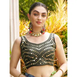 HERE&NOW Embroidered Mirror Work V-Neck Saree Blouse-picture-10