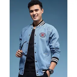 HERE&NOW Embroidered Pure Cotton Denim Bomber Jacket-picture-17