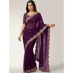 HERE&NOW Ethnic Motifs Embroidered Poly Georgette Heavy Work Saree-picture-32