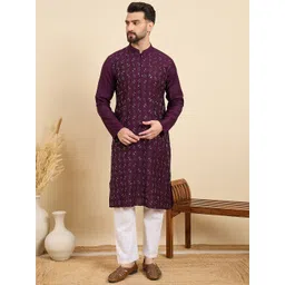 HERE&NOW Ethnic Motifs Embroidered Sequinned Mandarin Collar Straight Kurta-picture-22