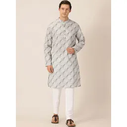 HERE&NOW Ethnic Motifs Printed Mandarin Collar Pure Cotton Straight Kurta-picture-36
