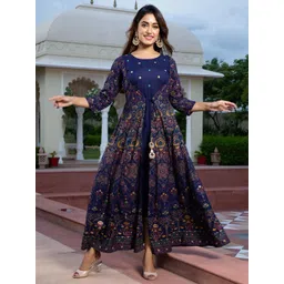 HERE&NOW Ethnic Motifs Printed Round Neck Thread Work Fit And Flare Maxi Ethnic Dress-picture-39