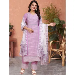 HERE&NOW Ethnic Motifs Printed V-Neck Straight Kurta With Trousers & Dupatta-picture-31