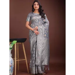 HERE&NOW Ethnic Motifs Zari Linen Blend Handloom Saree-picture-24