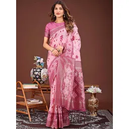 HERE&NOW Ethnic Motifs Zari Linen Blend Handloom Saree-picture-29