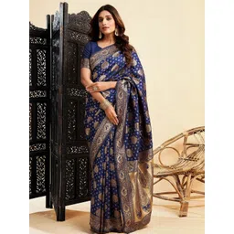 HERE&NOW Ethnic Motifs Zari Silk Blend Banarasi Saree-picture-20