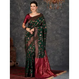 HERE&NOW Ethnic Motifs Zari Silk Blend Banarasi Saree-picture-10