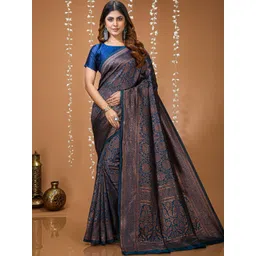 HERE&NOW Ethnic Motifs Zari Silk Blend Handloom Banarasi Saree-picture-32