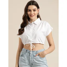 HERE&NOW Extended Sleeves Tie-Up Pure Cotton Shirt Style Crop Top-picture-39