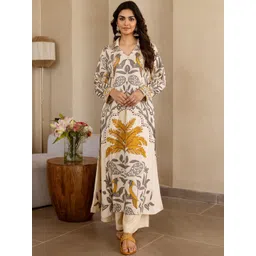 HERE&NOW Floaral Printed Shirt Collar Regular Straight Kurta With Palazzos-picture-24