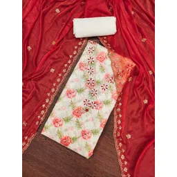 HERE&NOW Floral Embroidered Beads and Stones Pure Cotton Unstitched Dress Material-picture-26