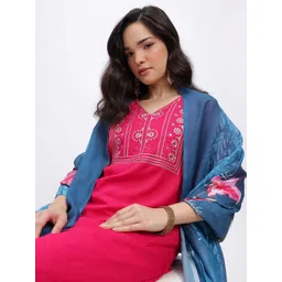 HERE&NOW Floral Embroidered Mirror Work Detail Straight Kurta with Trousers & Dupatta-picture-24