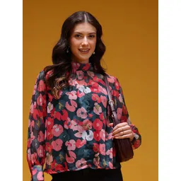 HERE&NOW Floral Print High Neck Semi Sheer Regular Top-picture-42