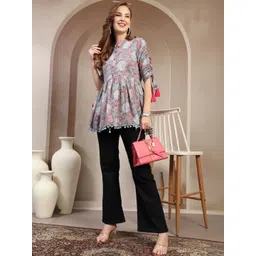 HERE&NOW Floral Print Mandarin Collar Cotton Peplum Top-picture-11