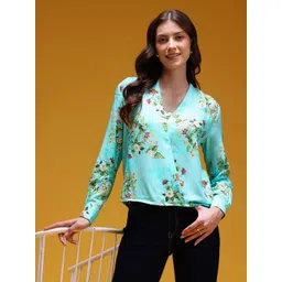 HERE&NOW Floral Print Pure Viscose V-Neck Cuffed Sleeves Regular Top-picture-29