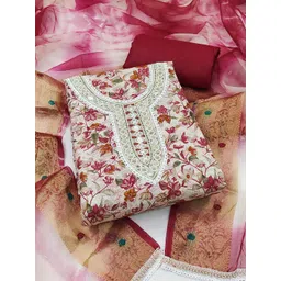 HERE&NOW Floral Printed Beads And Stones Jam Cotton Unstitched Dress Material-image-13