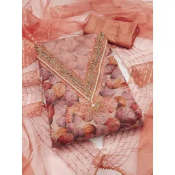 HERE&NOW Floral Printed Beads and Stones Organza Unstitched Dress Material-picture-29