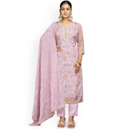 HERE&NOW Floral Printed Beads And Stones Organza Unstitched Dress Material-image-46