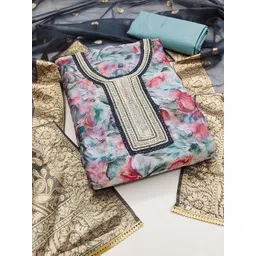 HERE&NOW Floral Printed Beads And Stones Organza Unstitched Dress Material-picture-33