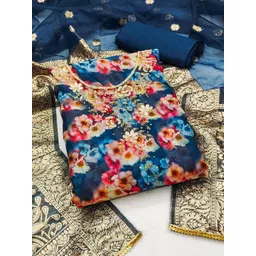 HERE&NOW Floral Printed Beads and Stones Organza Unstitched Dress Material-picture-35