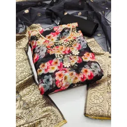 HERE&NOW Floral Printed Beads And Stones Organza Unstitched Dress Material-image-17