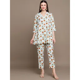 HERE&NOW Floral Printed Lace Inserted V-Neck Kurti with Trousers-picture-41