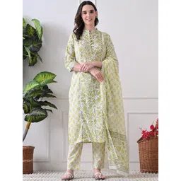HERE&NOW Floral Printed Mandarin Collar Pure Cotton Kurta & Trousers With Dupatta-picture-25