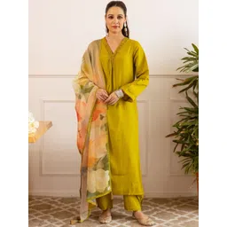 HERE&NOW Floral Printed Regular Straight Kurta With Trousers & Dupatta-picture-31