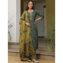 HERE&NOW Floral Printed Round Neck Straight Kurta With Palazzos & Dupatta-picture-36