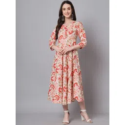 HERE&NOW Floral Printed Round Neck Three-Quarter Sleeves Pure Cotton Ethnic Dress-picture-32