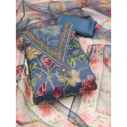 HERE&NOW Floral Printed Sequenced Organza Unstitched Dress Material image 1