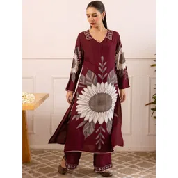 HERE&NOW Floral Printed Thread Work Straight Kurta with Palazzos-picture-32