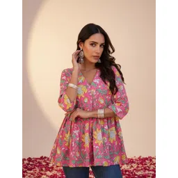 HERE&NOW Floral Printed V-Neck Empire Kurti-picture-27