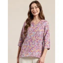 HERE&NOW Floral Printed V-Neck Straight Kurti-picture-26